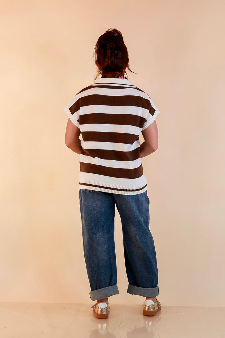 Along These Lines Striped Short Sleeve Collared Polo Sweater Top in Ivory with Chocolate Brown Stripes