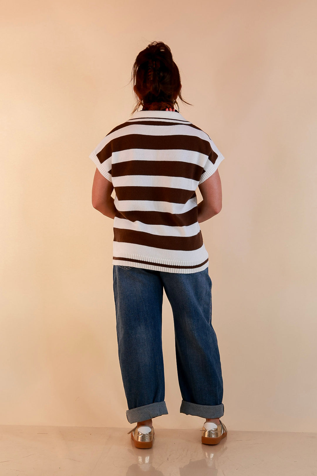 Along These Lines Striped Short Sleeve Collared Polo Sweater Top in Ivory with Chocolate Brown Stripes