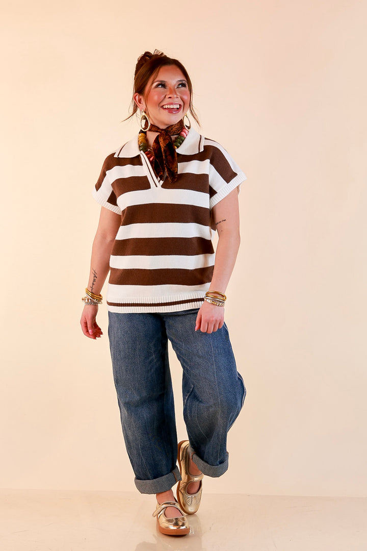 Along These Lines Striped Short Sleeve Collared Polo Sweater Top in Ivory with Chocolate Brown Stripes