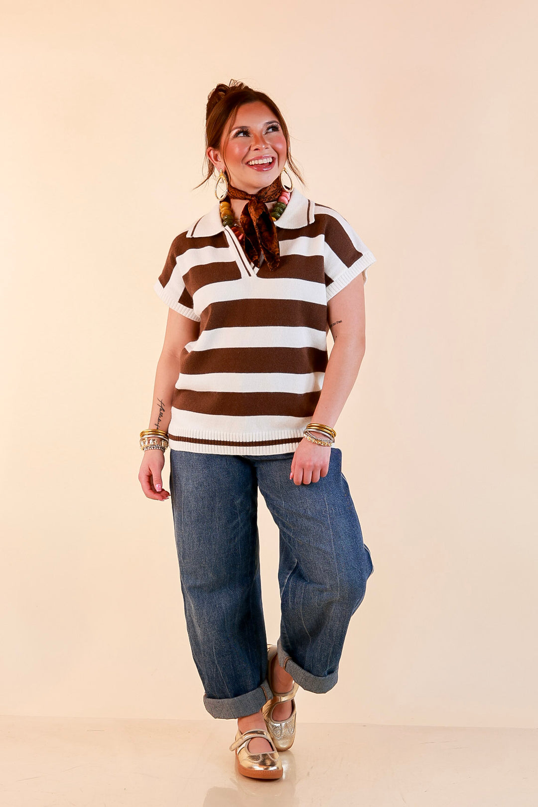 Along These Lines Striped Short Sleeve Collared Polo Sweater Top in Ivory with Chocolate Brown Stripes