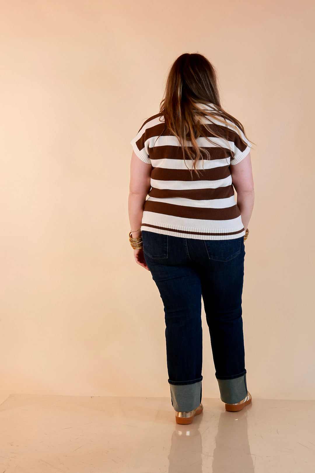 Along These Lines Striped Short Sleeve Collared Polo Sweater Top in Ivory with Chocolate Brown Stripes
