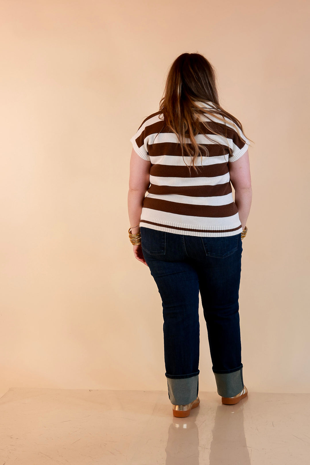 Along These Lines Striped Short Sleeve Collared Polo Sweater Top in Ivory with Chocolate Brown Stripes