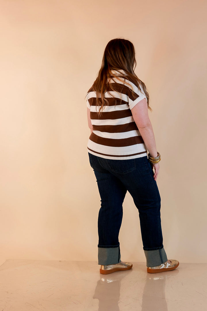 Along These Lines Striped Short Sleeve Collared Polo Sweater Top in Ivory with Chocolate Brown Stripes