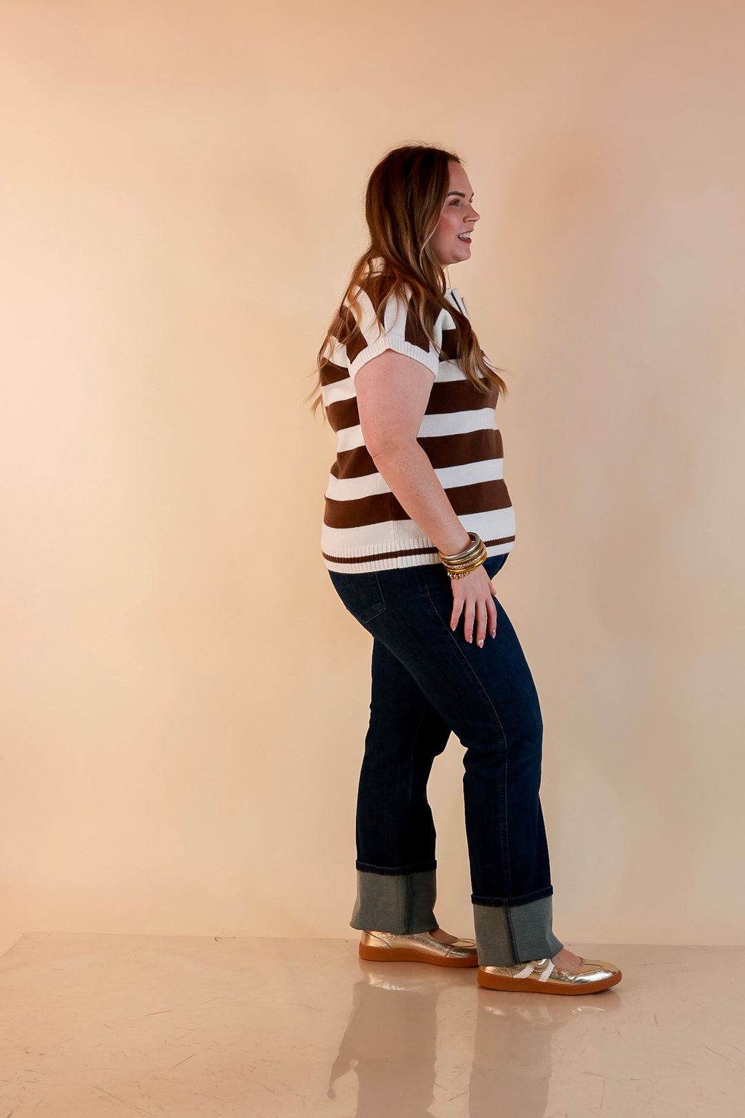 Along These Lines Striped Short Sleeve Collared Polo Sweater Top in Ivory with Chocolate Brown Stripes