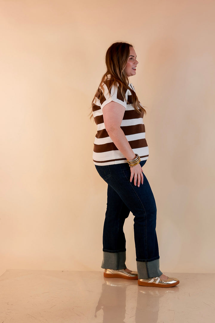 Along These Lines Striped Short Sleeve Collared Polo Sweater Top in Ivory with Chocolate Brown Stripes