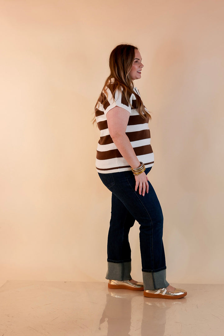 Along These Lines Striped Short Sleeve Collared Polo Sweater Top in Ivory with Chocolate Brown Stripes