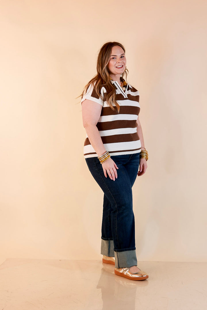 Along These Lines Striped Short Sleeve Collared Polo Sweater Top in Ivory with Chocolate Brown Stripes