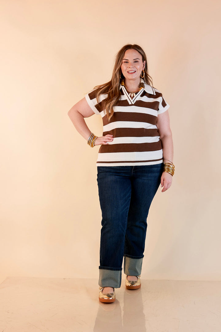 Along These Lines Striped Short Sleeve Collared Polo Sweater Top in Ivory with Chocolate Brown Stripes