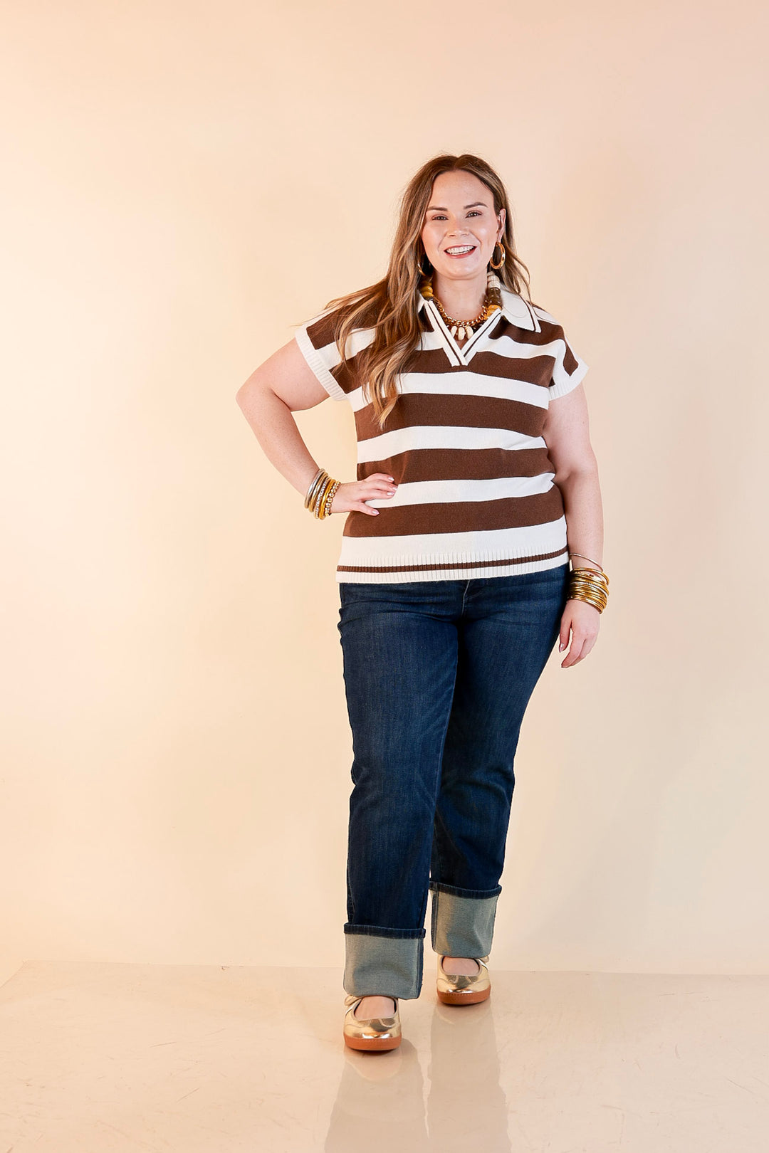 Along These Lines Striped Short Sleeve Collared Polo Sweater Top in Ivory with Chocolate Brown Stripes