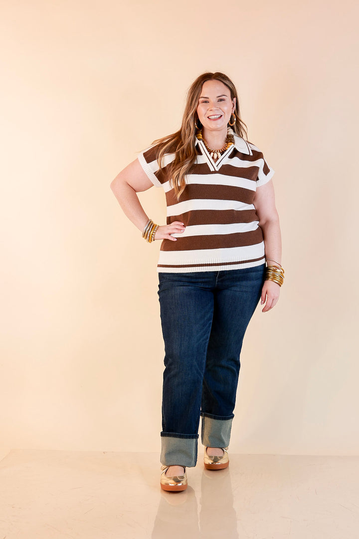 Along These Lines Striped Short Sleeve Collared Polo Sweater Top in Ivory with Chocolate Brown Stripes