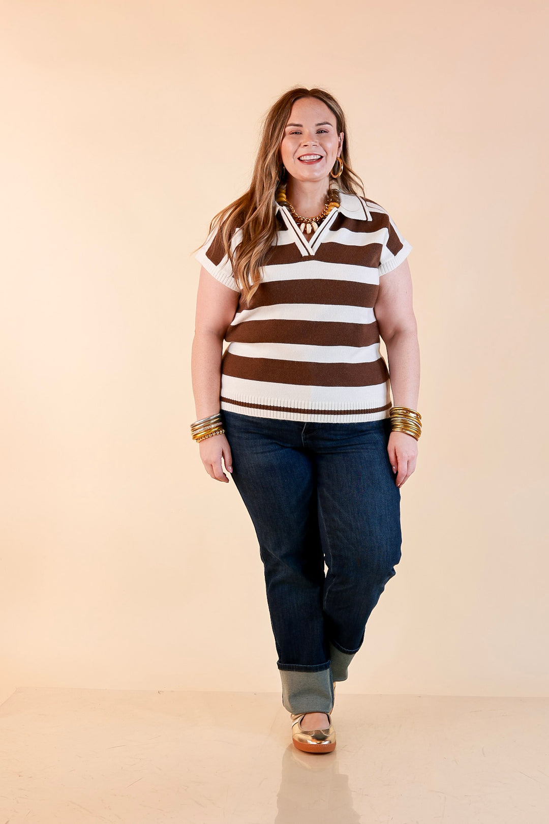 Along These Lines Striped Short Sleeve Collared Polo Sweater Top in Ivory with Chocolate Brown Stripes