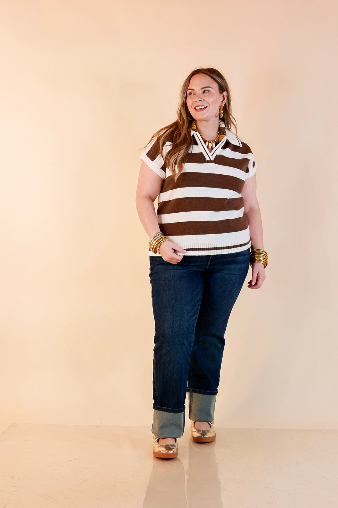 Along These Lines Striped Short Sleeve Collared Polo Sweater Top in Ivory with Chocolate Brown Stripes