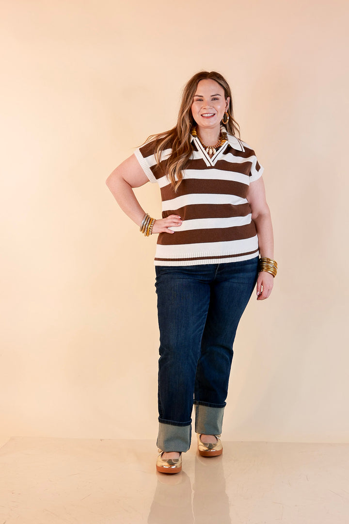 Along These Lines Striped Short Sleeve Collared Polo Sweater Top in Ivory with Chocolate Brown Stripes