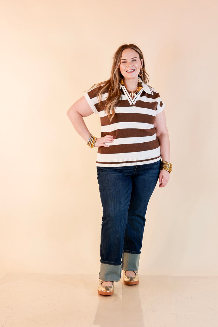 Along These Lines Striped Short Sleeve Collared Polo Sweater Top in Ivory with Chocolate Brown Stripes