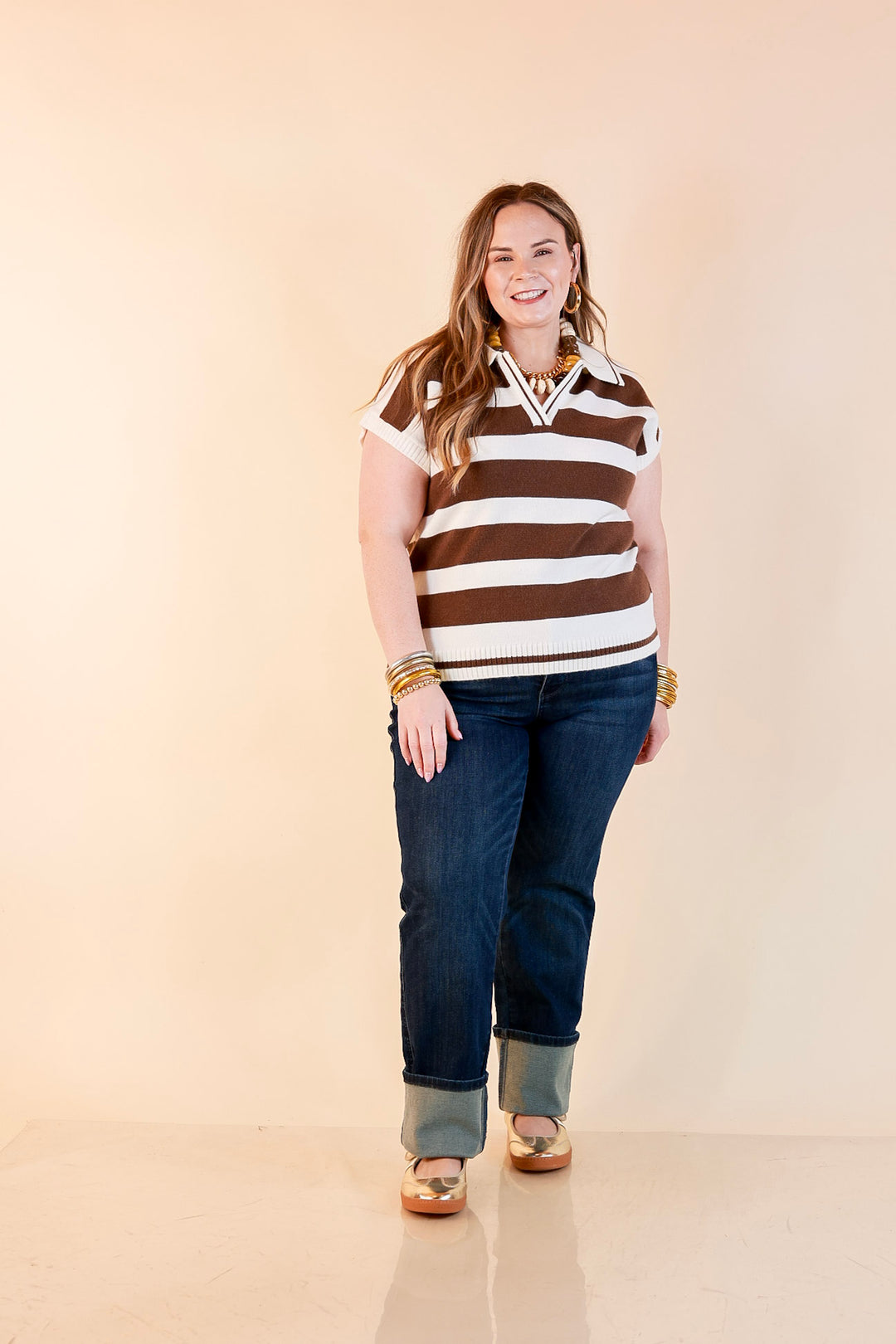 Along These Lines Striped Short Sleeve Collared Polo Sweater Top in Ivory with Chocolate Brown Stripes
