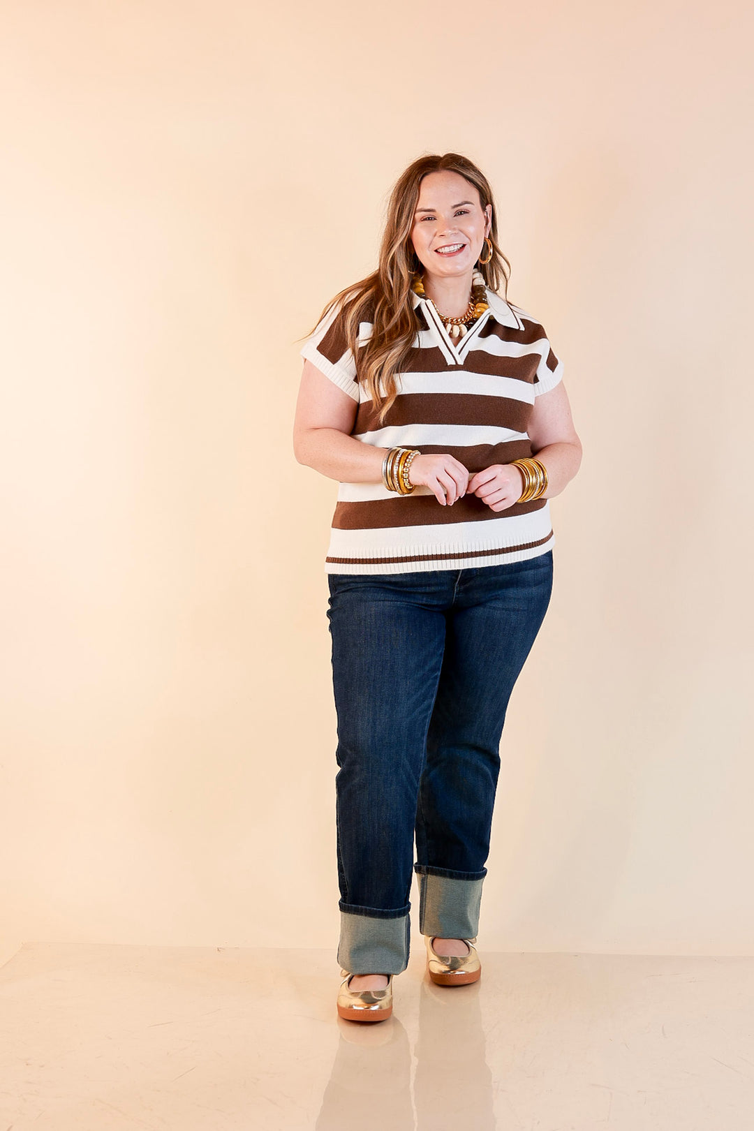 Along These Lines Striped Short Sleeve Collared Polo Sweater Top in Ivory with Chocolate Brown Stripes
