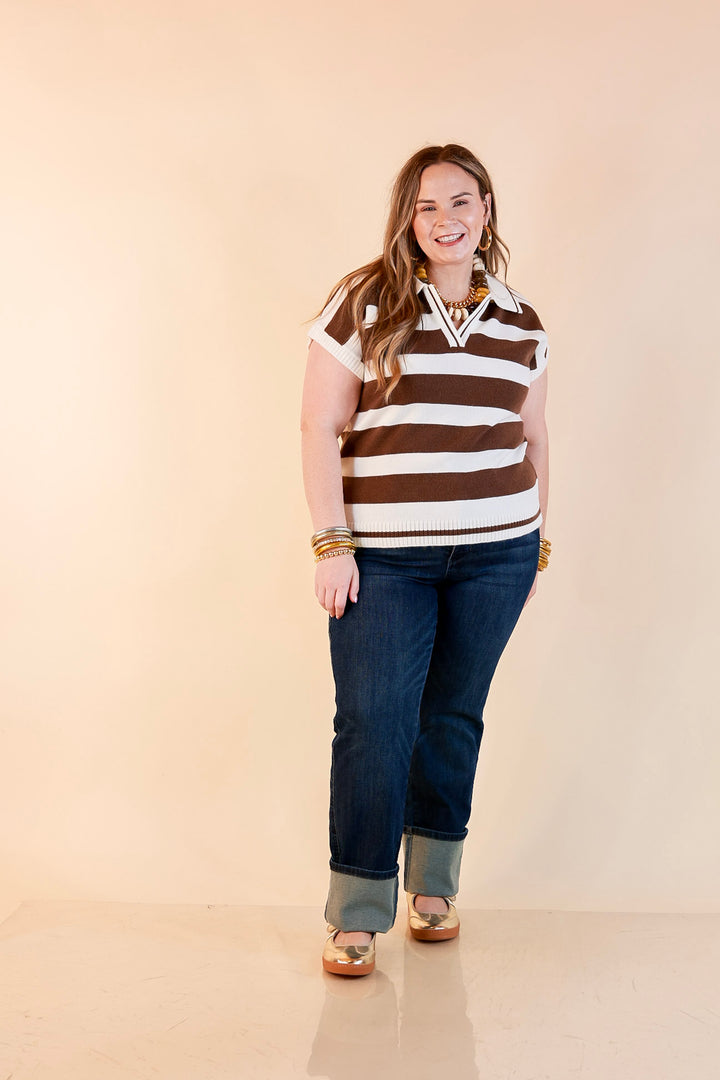 Along These Lines Striped Short Sleeve Collared Polo Sweater Top in Ivory with Chocolate Brown Stripes