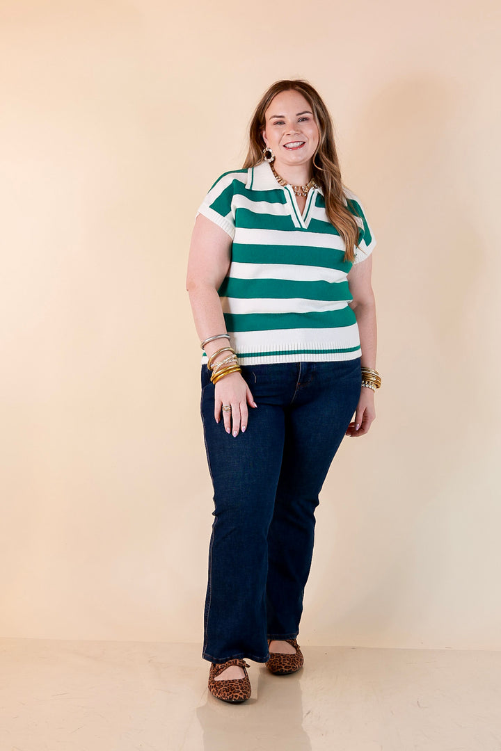 Along These Lines Striped Short Sleeve Collared Polo Sweater Top in Ivory with Kelly Green Stripes