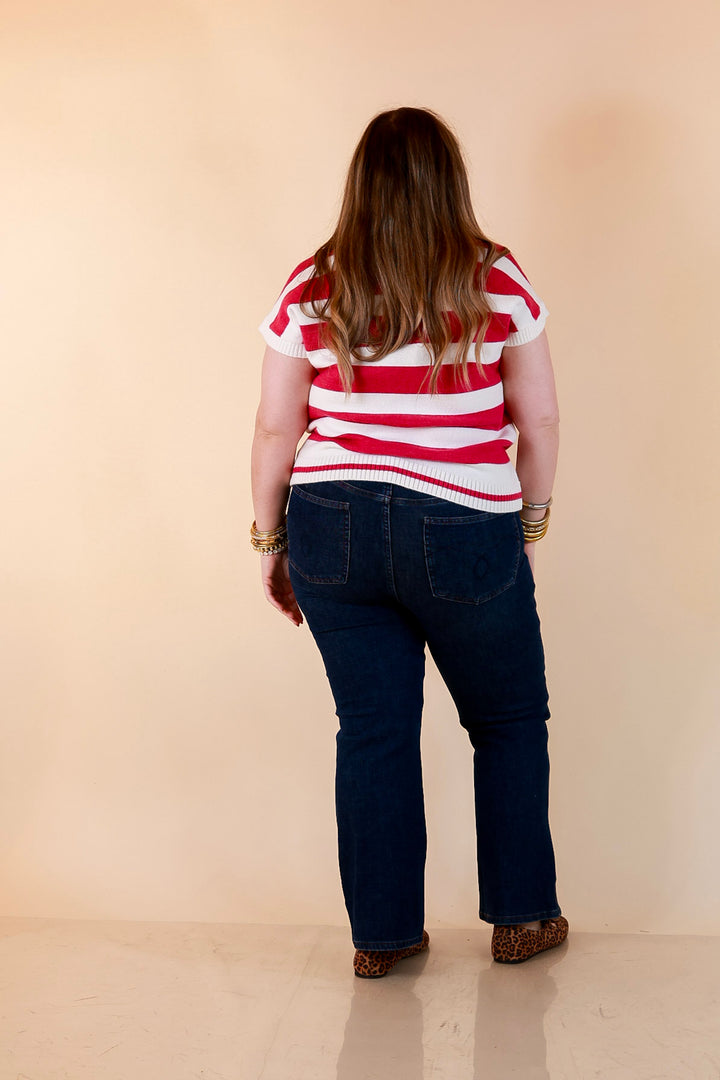 Along These Lines Striped Short Sleeve Collared Polo Sweater Top in Ivory with Magenta Stripes