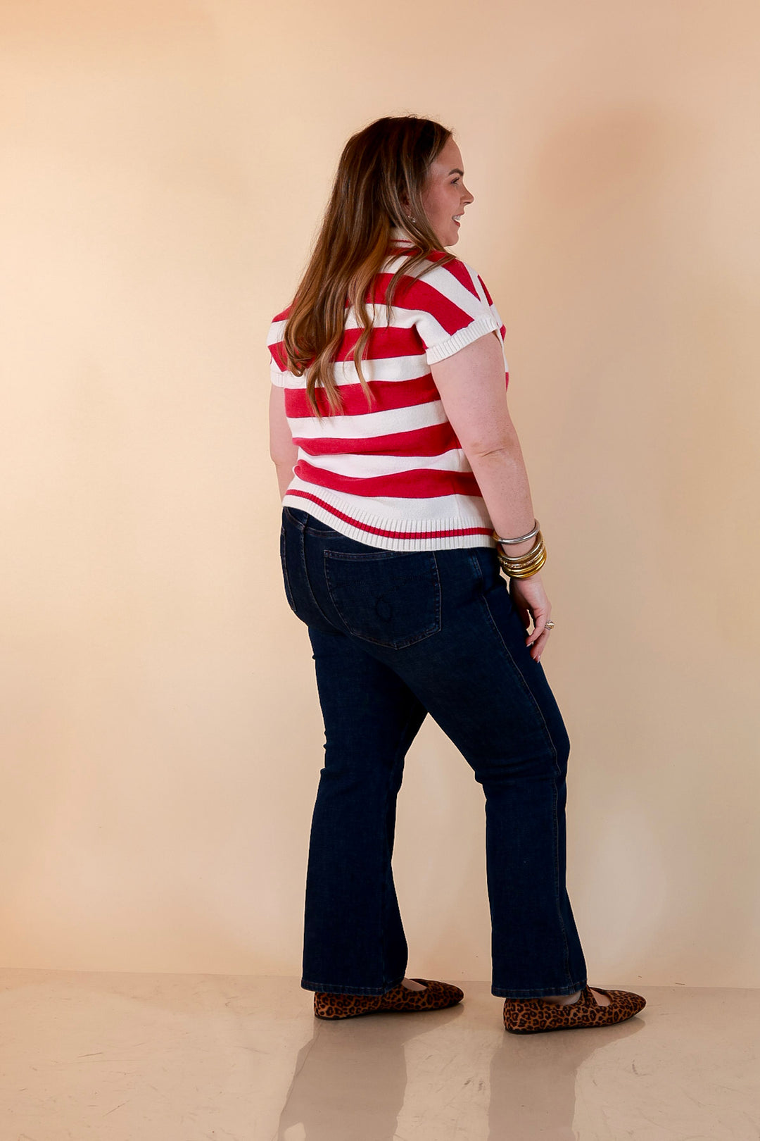 Along These Lines Striped Short Sleeve Collared Polo Sweater Top in Ivory with Magenta Stripes