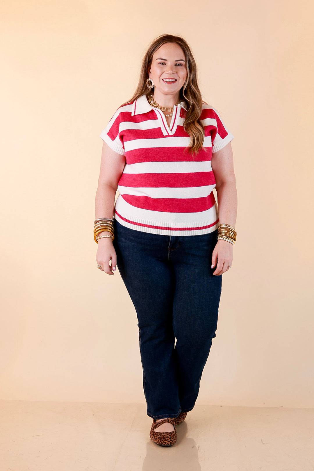 Along These Lines Striped Short Sleeve Collared Polo Sweater Top in Ivory with Magenta Stripes