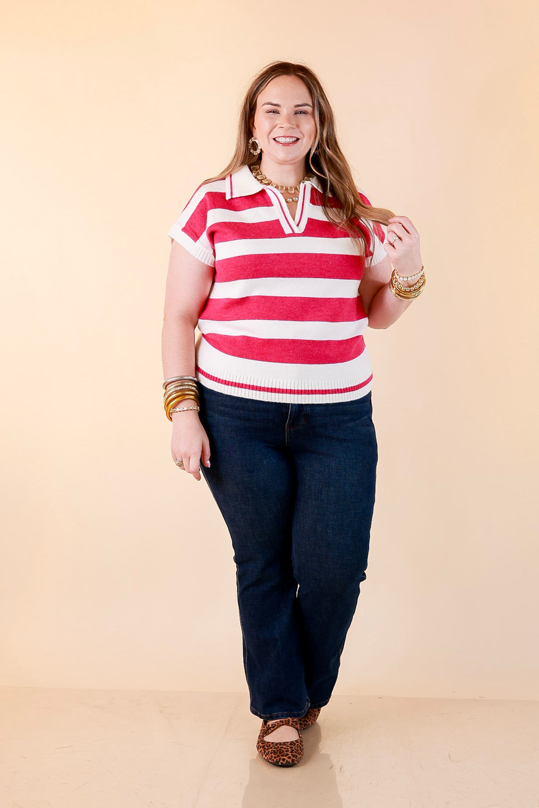 Along These Lines Striped Short Sleeve Collared Polo Sweater Top in Ivory with Magenta Stripes