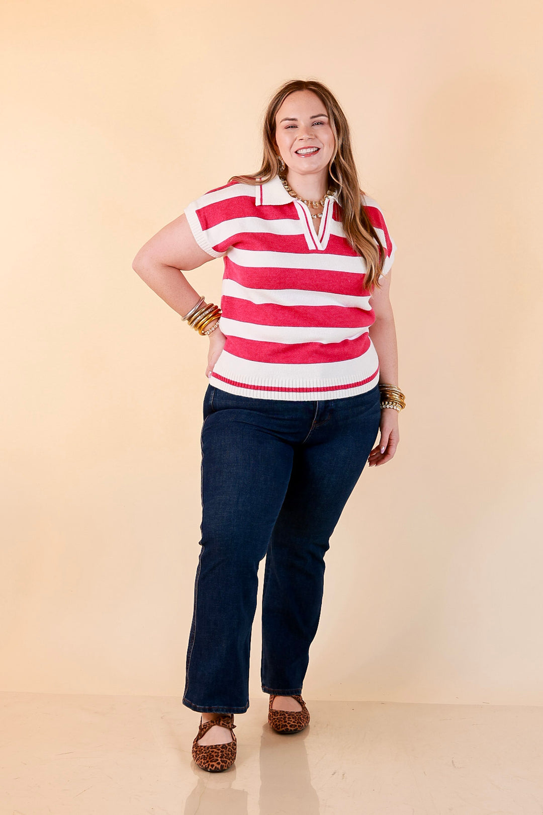 Along These Lines Striped Short Sleeve Collared Polo Sweater Top in Ivory with Magenta Stripes