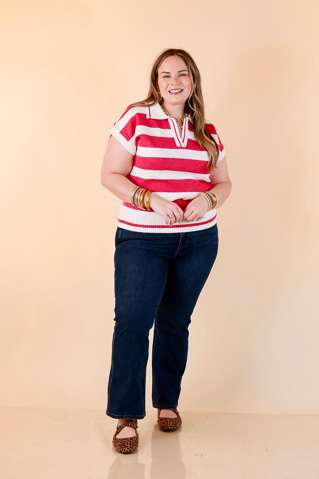 Along These Lines Striped Short Sleeve Collared Polo Sweater Top in Ivory with Magenta Stripes