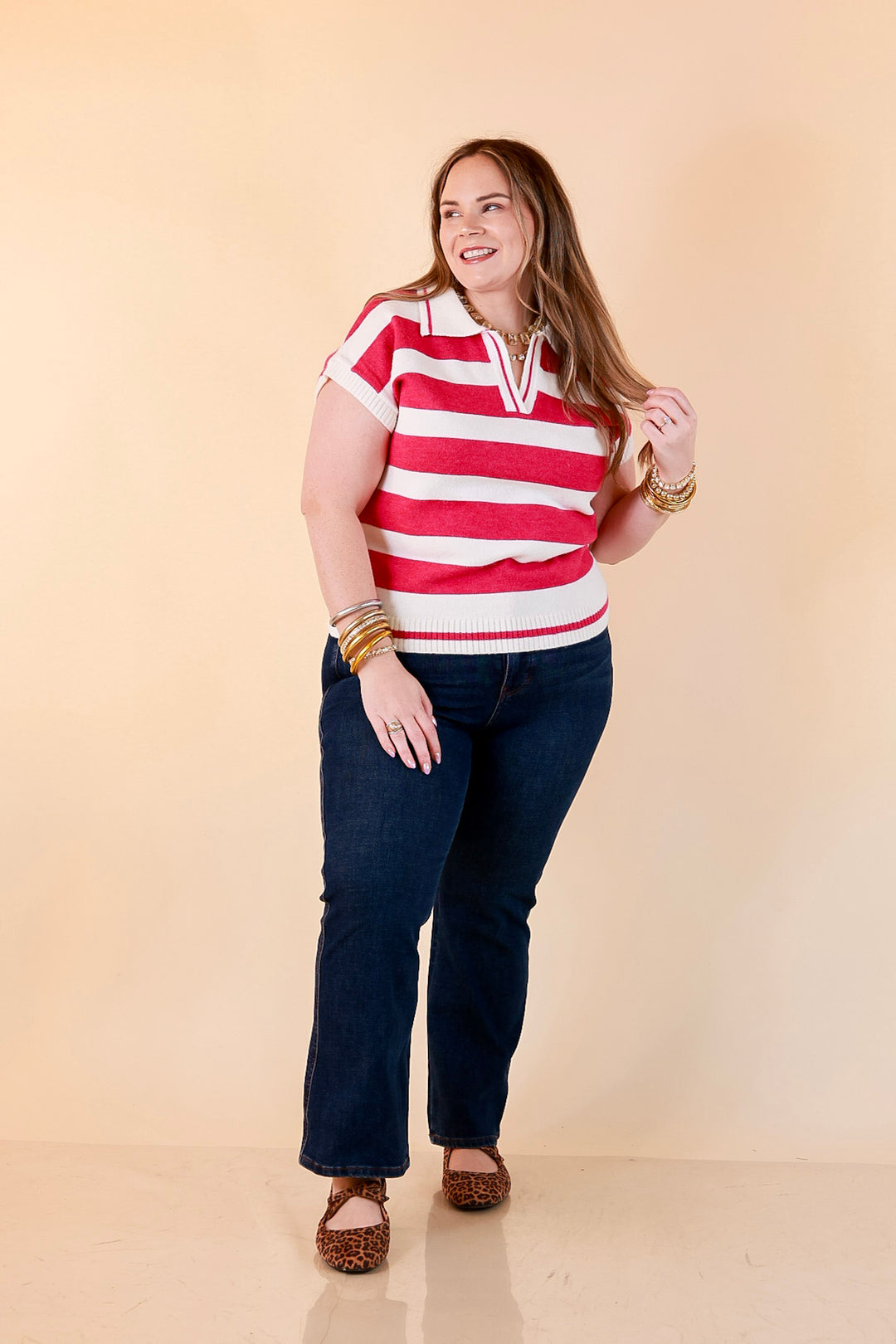 Along These Lines Striped Short Sleeve Collared Polo Sweater Top in Ivory with Magenta Stripes