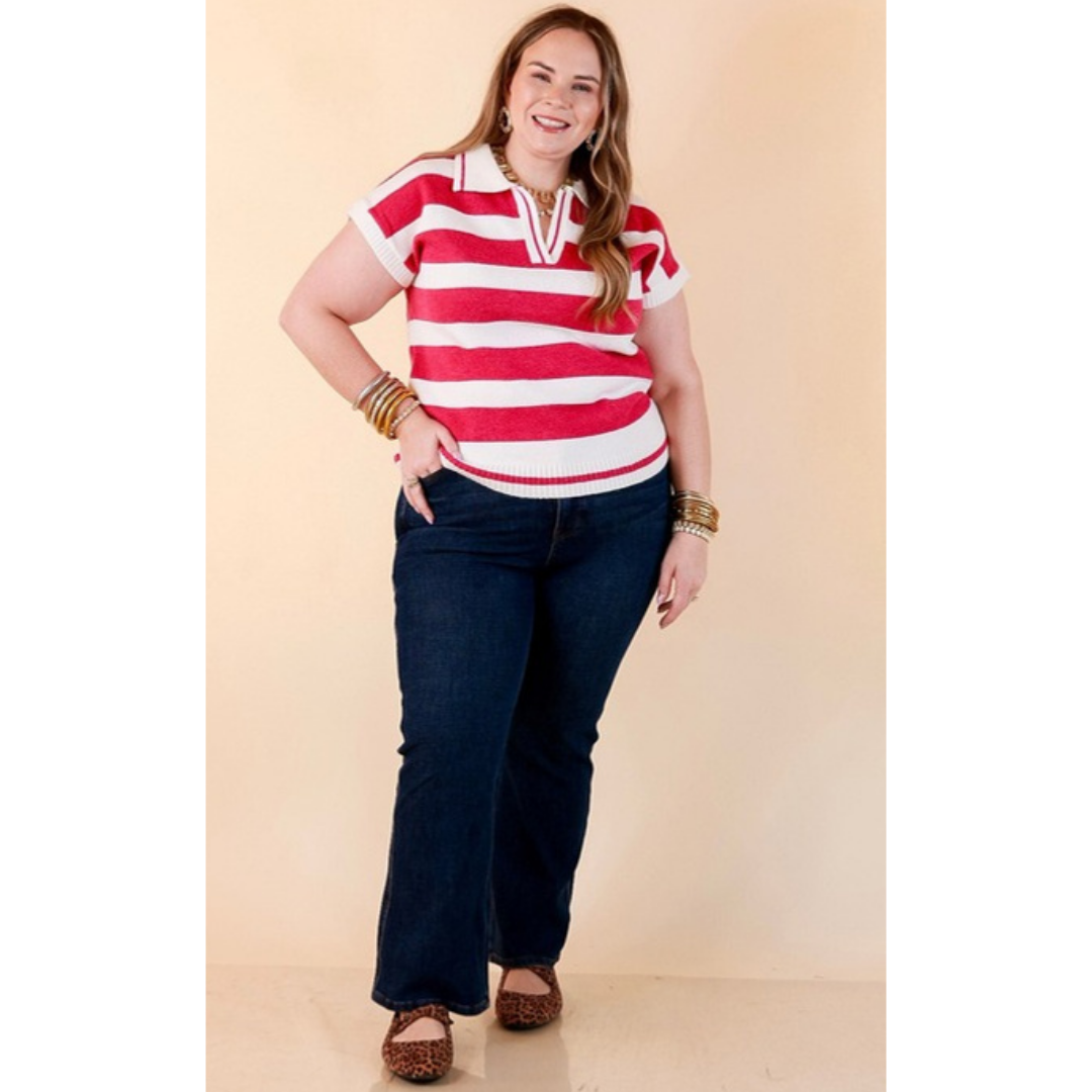 Along These Lines Striped Short Sleeve Collared Polo Sweater Top in Ivory with Magenta Stripes
