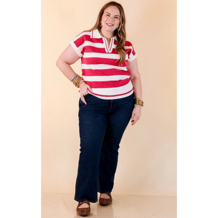 Along These Lines Striped Short Sleeve Collared Polo Sweater Top in Ivory with Magenta Stripes
