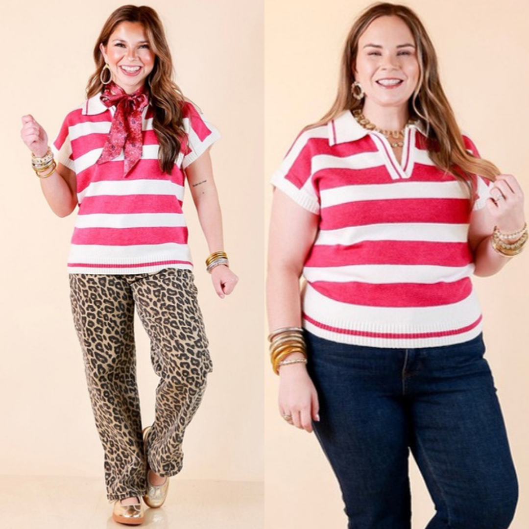 Along These Lines Striped Short Sleeve Collared Polo Sweater Top in Ivory with Magenta Stripes