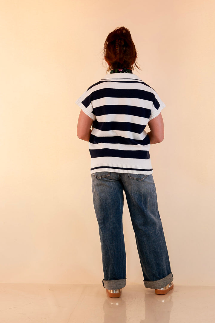 Along These Lines Striped Short Sleeve Collared Polo Sweater Top in Ivory with Navy Stripes