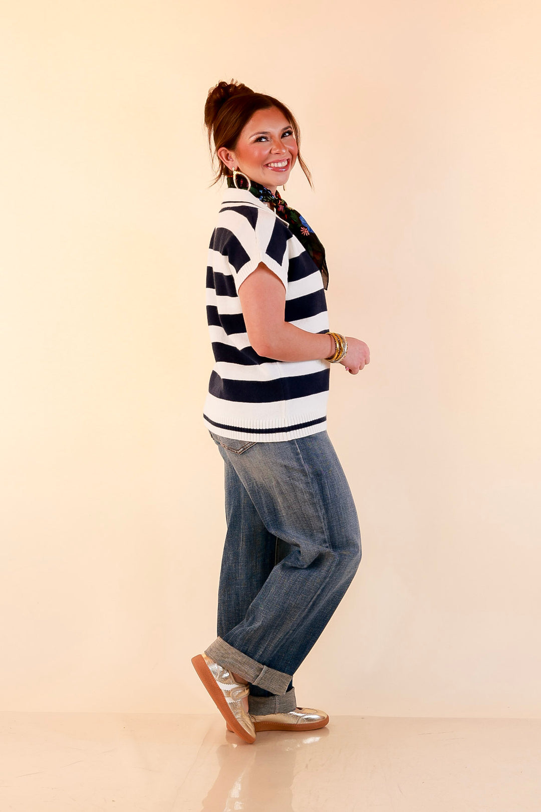 Along These Lines Striped Short Sleeve Collared Polo Sweater Top in Ivory with Navy Stripes