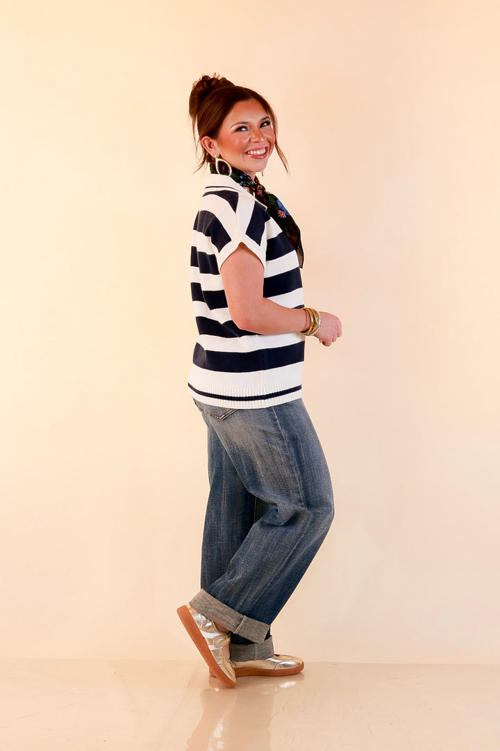 Along These Lines Striped Short Sleeve Collared Polo Sweater Top in Ivory with Navy Stripes