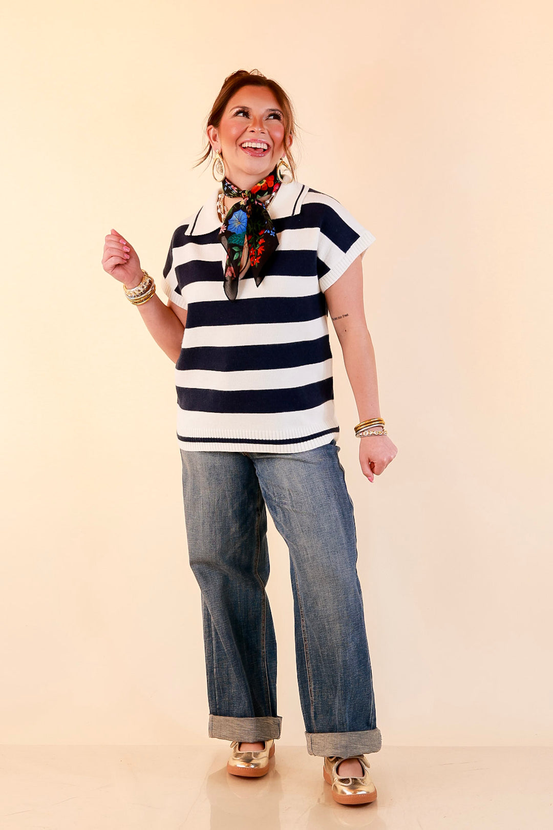 Along These Lines Striped Short Sleeve Collared Polo Sweater Top in Ivory with Navy Stripes