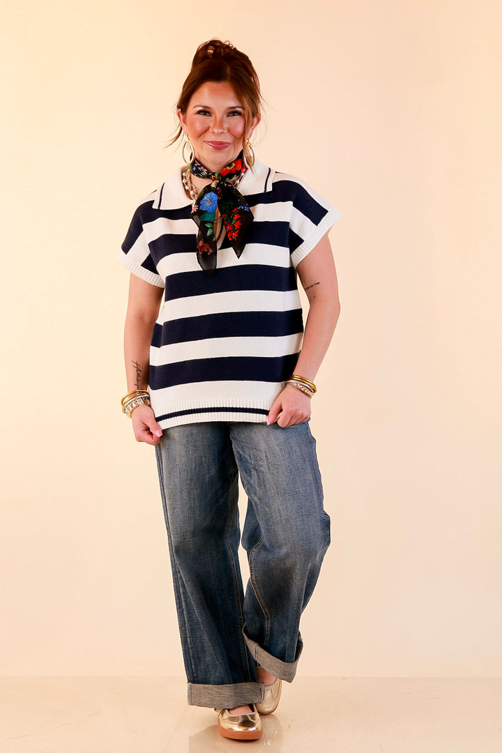 Along These Lines Striped Short Sleeve Collared Polo Sweater Top in Ivory with Navy Stripes