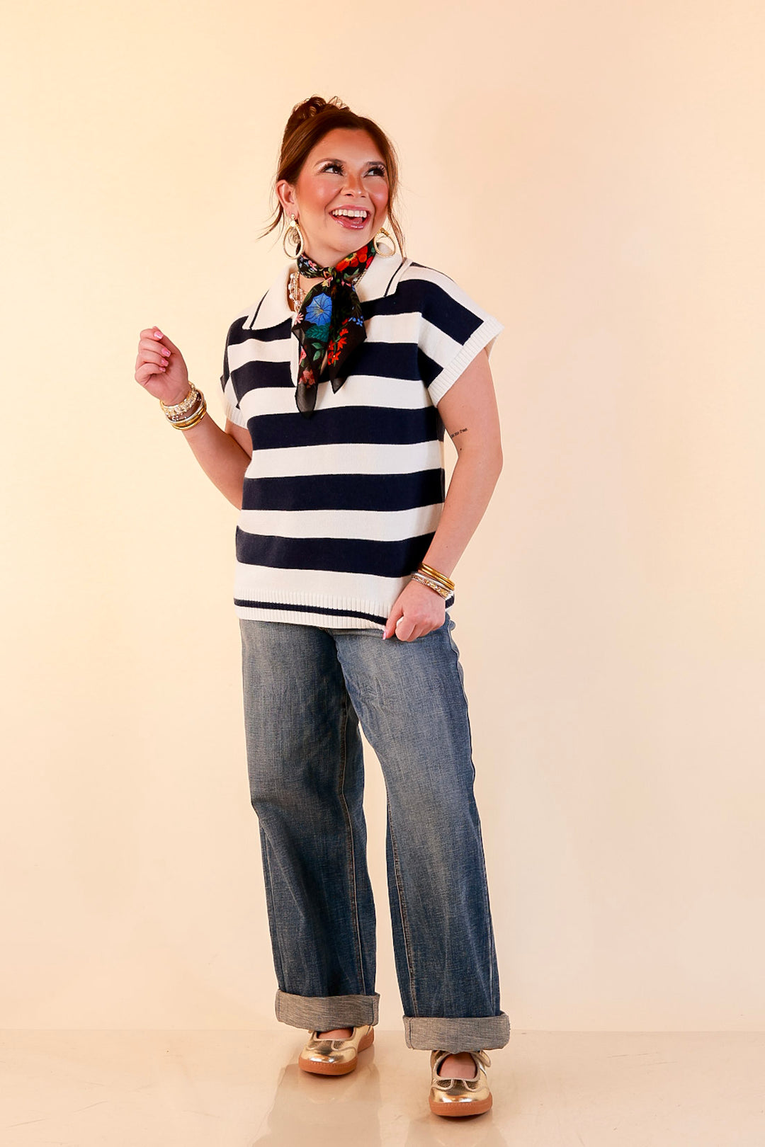 Along These Lines Striped Short Sleeve Collared Polo Sweater Top in Ivory with Navy Stripes