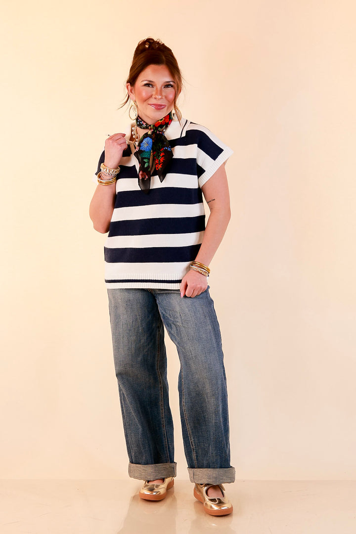 Along These Lines Striped Short Sleeve Collared Polo Sweater Top in Ivory with Navy Stripes