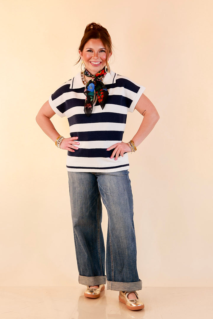 Along These Lines Striped Short Sleeve Collared Polo Sweater Top in Ivory with Navy Stripes