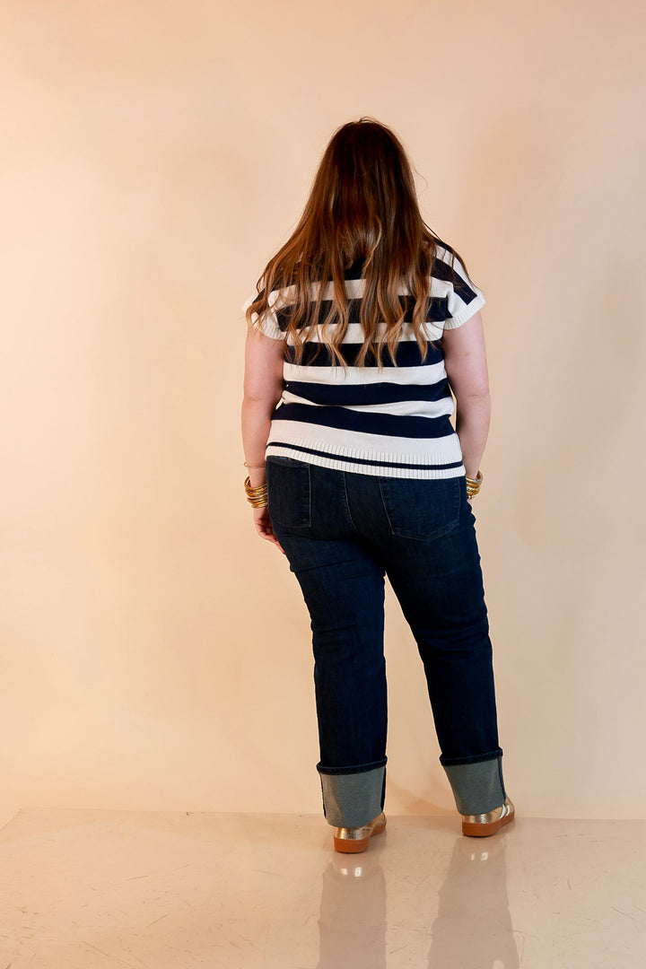 Along These Lines Striped Short Sleeve Collared Polo Sweater Top in Ivory with Navy Stripes