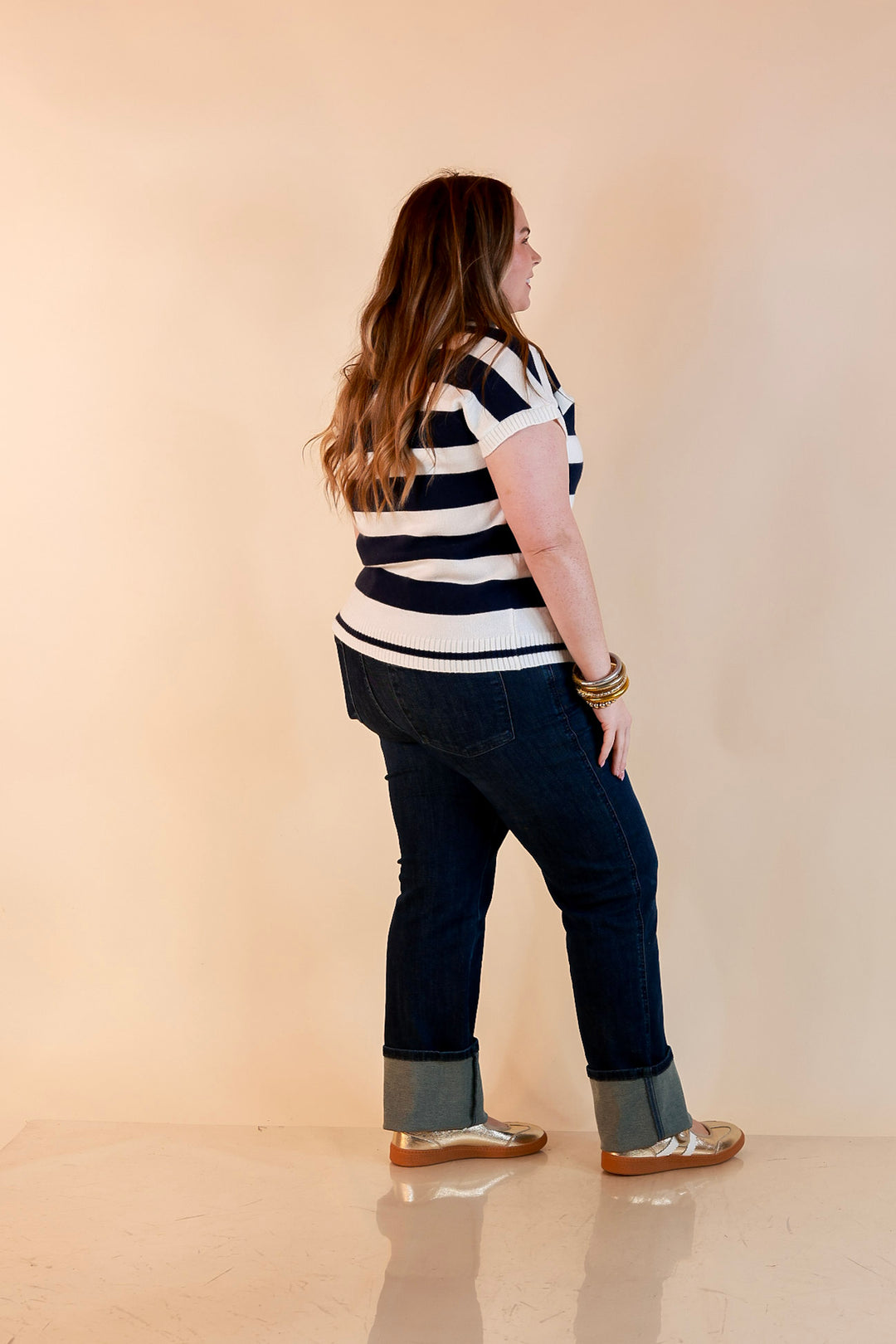 Along These Lines Striped Short Sleeve Collared Polo Sweater Top in Ivory with Navy Stripes