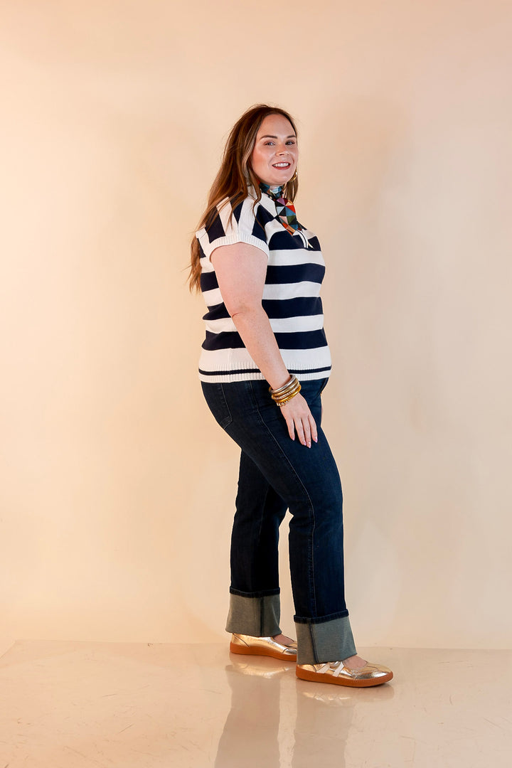 Along These Lines Striped Short Sleeve Collared Polo Sweater Top in Ivory with Navy Stripes
