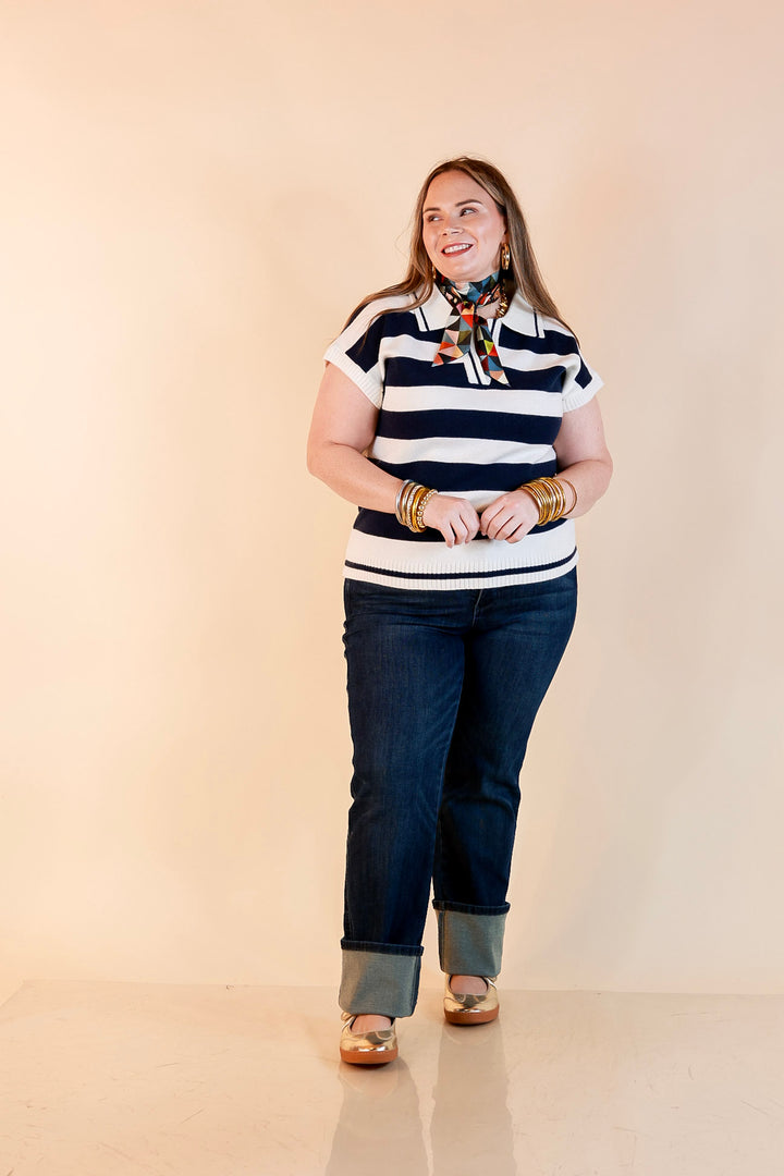 Along These Lines Striped Short Sleeve Collared Polo Sweater Top in Ivory with Navy Stripes