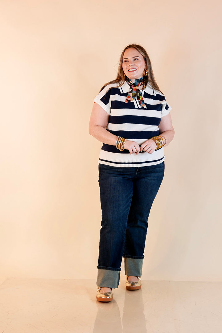 Along These Lines Striped Short Sleeve Collared Polo Sweater Top in Ivory with Navy Stripes