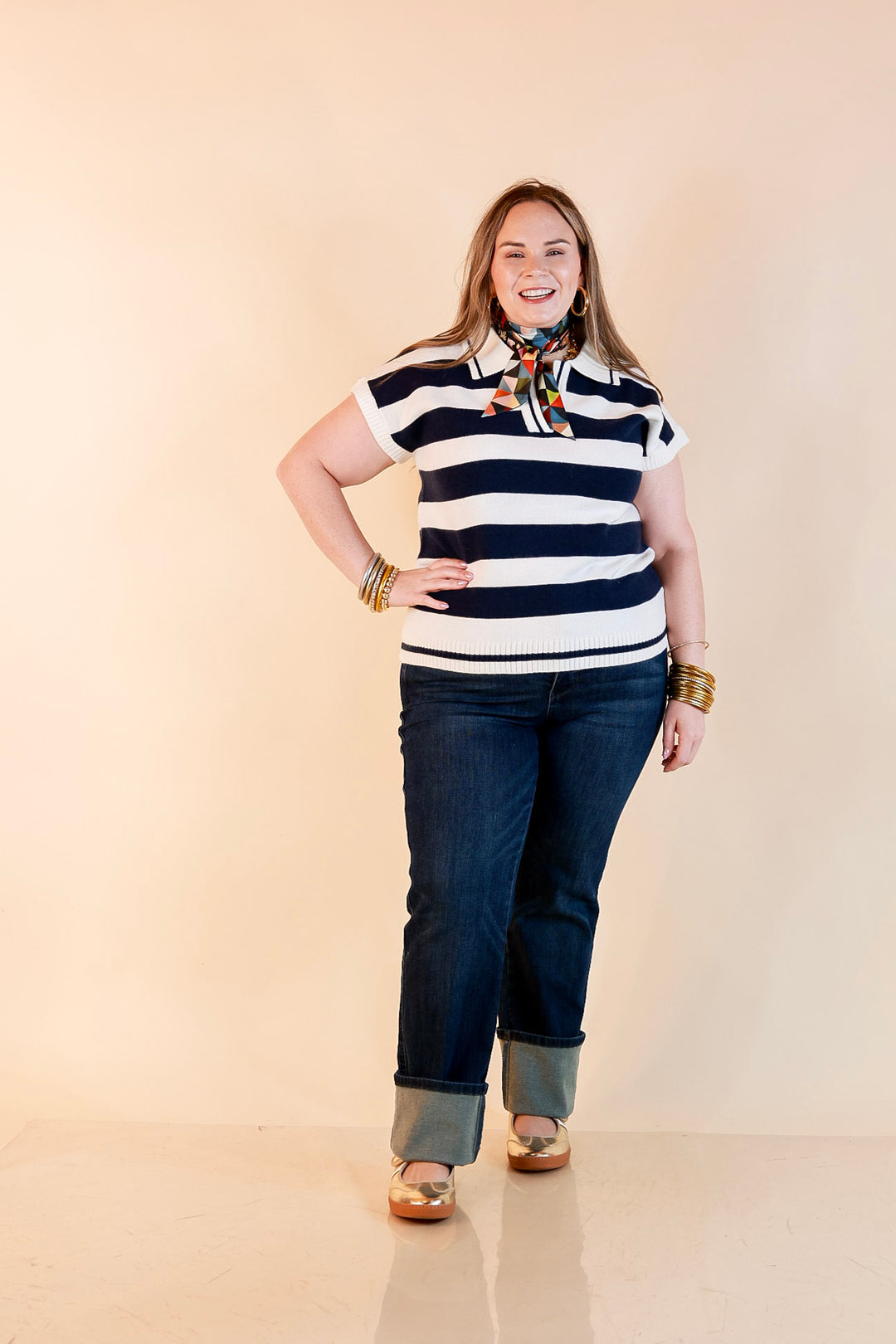 Along These Lines Striped Short Sleeve Collared Polo Sweater Top in Ivory with Navy Stripes