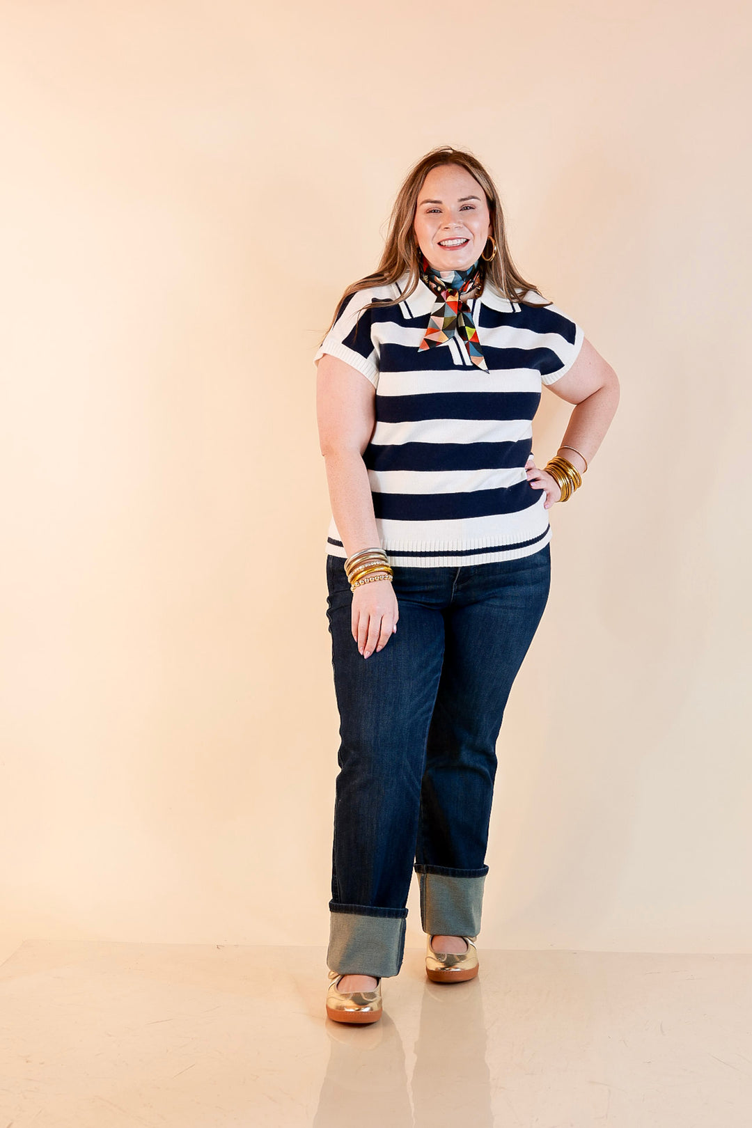 Along These Lines Striped Short Sleeve Collared Polo Sweater Top in Ivory with Navy Stripes