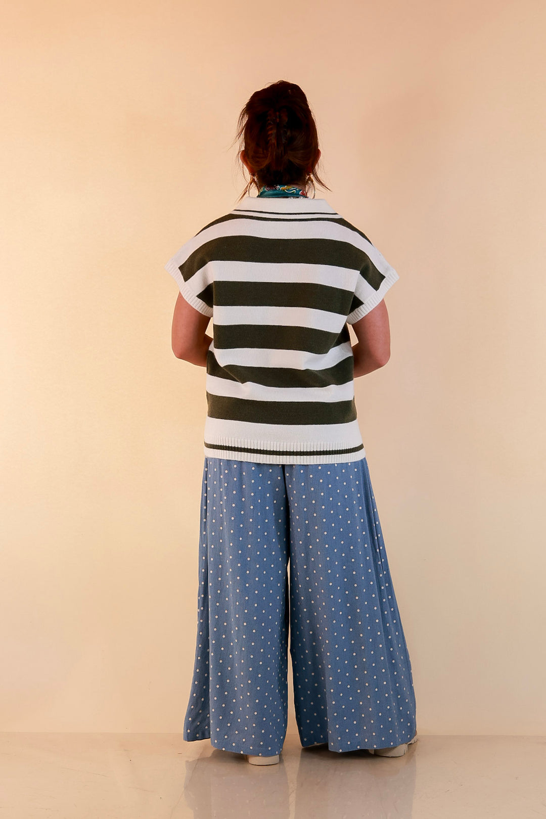 Along These Lines Striped Short Sleeve Collared Polo Sweater Top in Ivory with Olive Green Stripes
