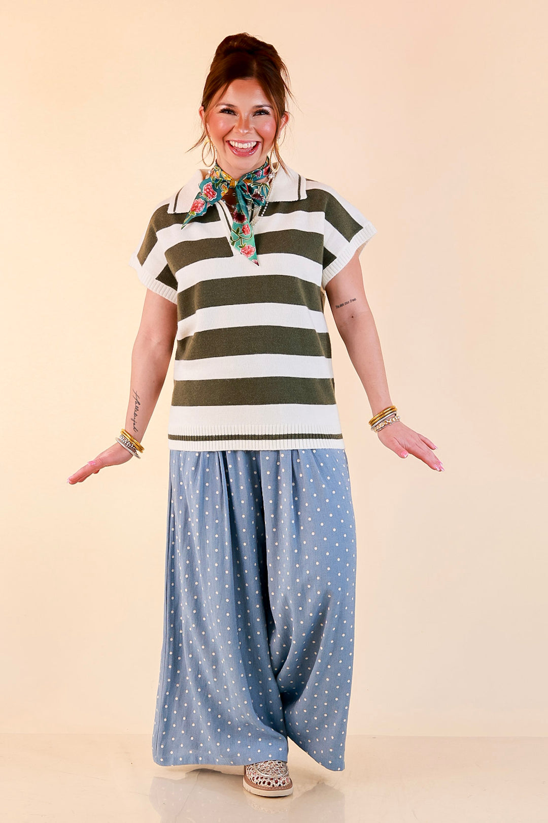 Along These Lines Striped Short Sleeve Collared Polo Sweater Top in Ivory with Olive Green Stripes