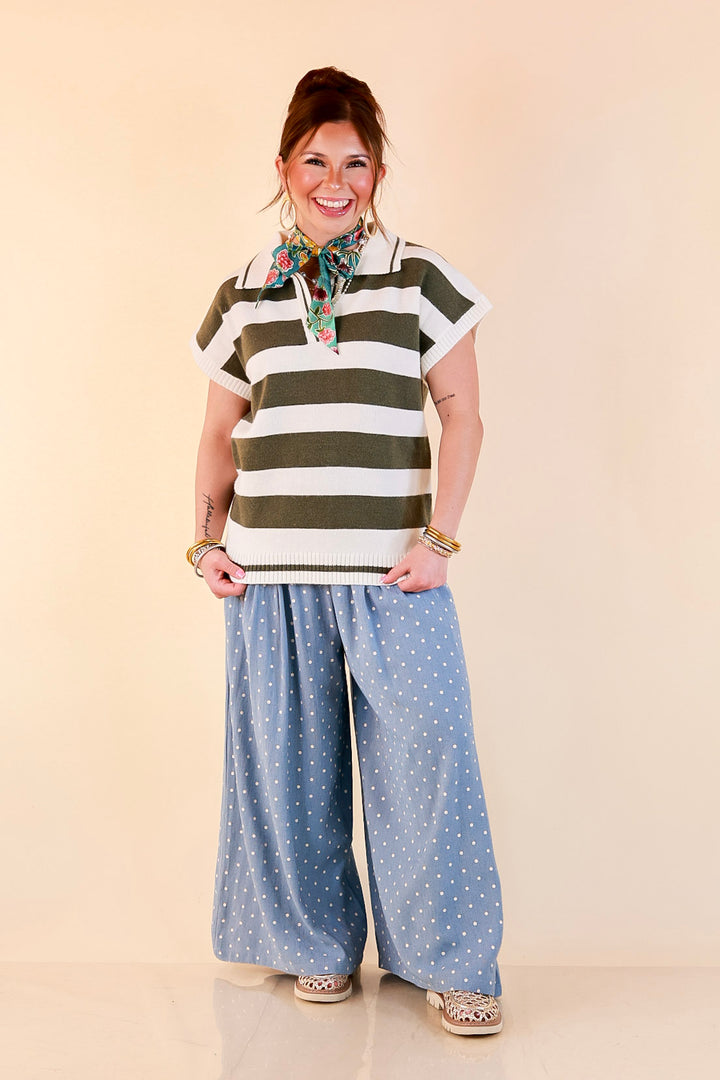 Along These Lines Striped Short Sleeve Collared Polo Sweater Top in Ivory with Olive Green Stripes